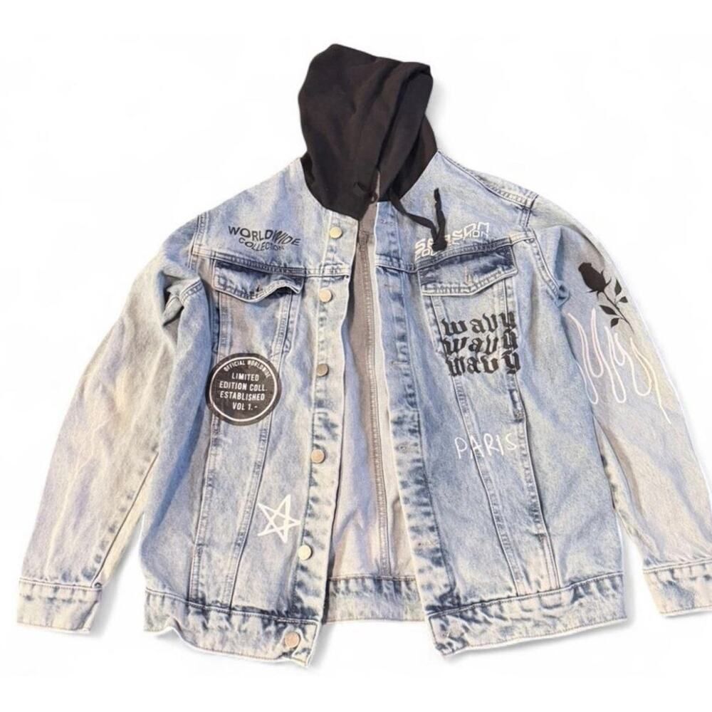 boohoo Hooded Graphic Print Denim Jacket Light Blue US Worldwide Collection